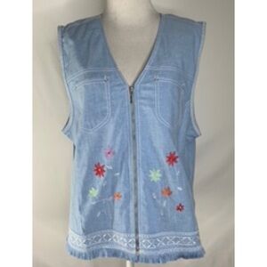 Draper’s & Damon’s Blue Vest Grandmacore Embroidered Flowers Fringe Hem LP